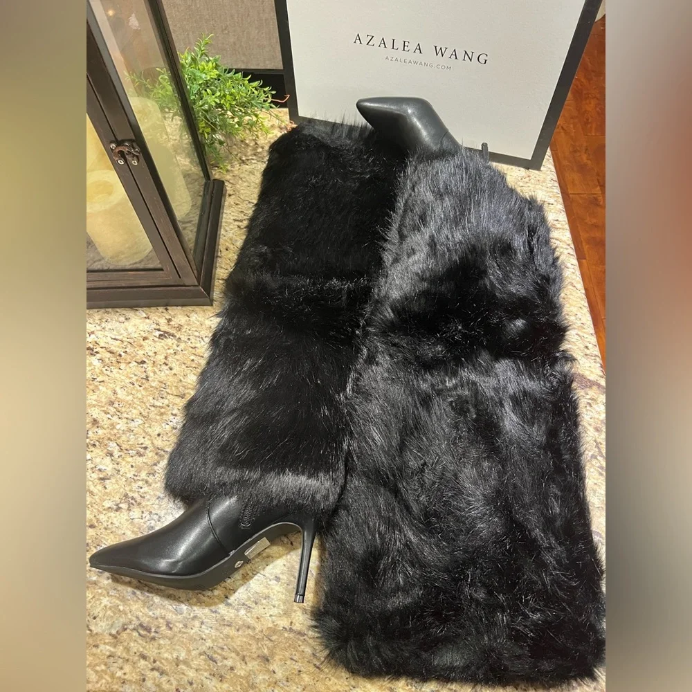 AZALEA WANG Langleye Black Faux Fur Over The Knee Stiletto Boots 6.5